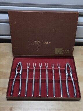 Kalmar Designs Chrome Nutcracker and Cocktail Fork Set - Red Velvet Box